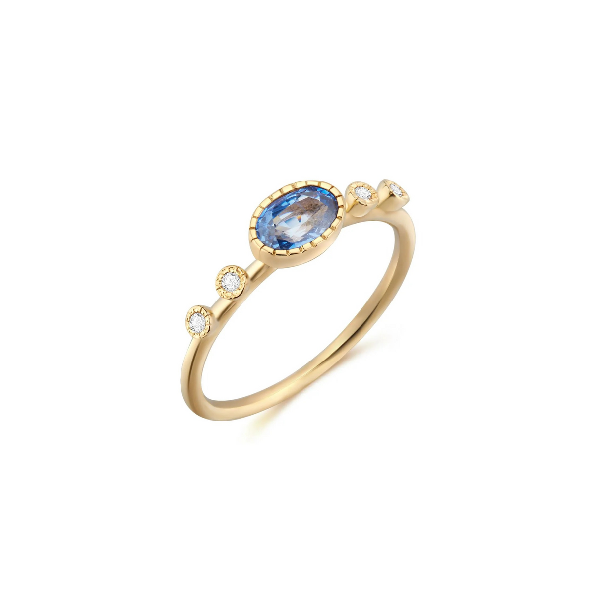 Lazurowy Duet - oryginalny pierścionek z żółtego złota z szafirem i diamentami