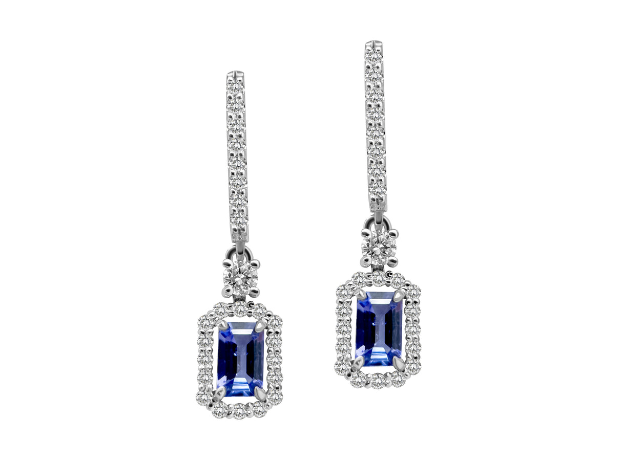 Kolczyki z tanzanitami i diamentami w białym złocie - widok z boku