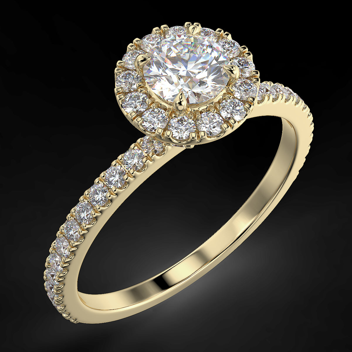 Pierścionek z diamentami o masie 0,73 ct w żółtym złocie w stylu halo - widok z góry pod kątem