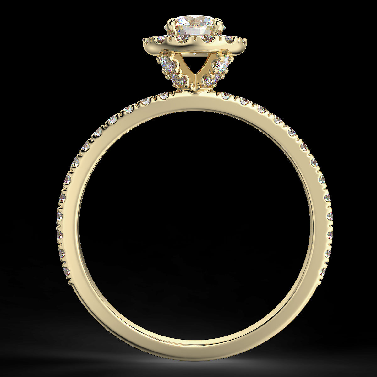 Pierścionek z diamentami o masie 0,73 ct w żółtym złocie w stylu halo - widok z boku