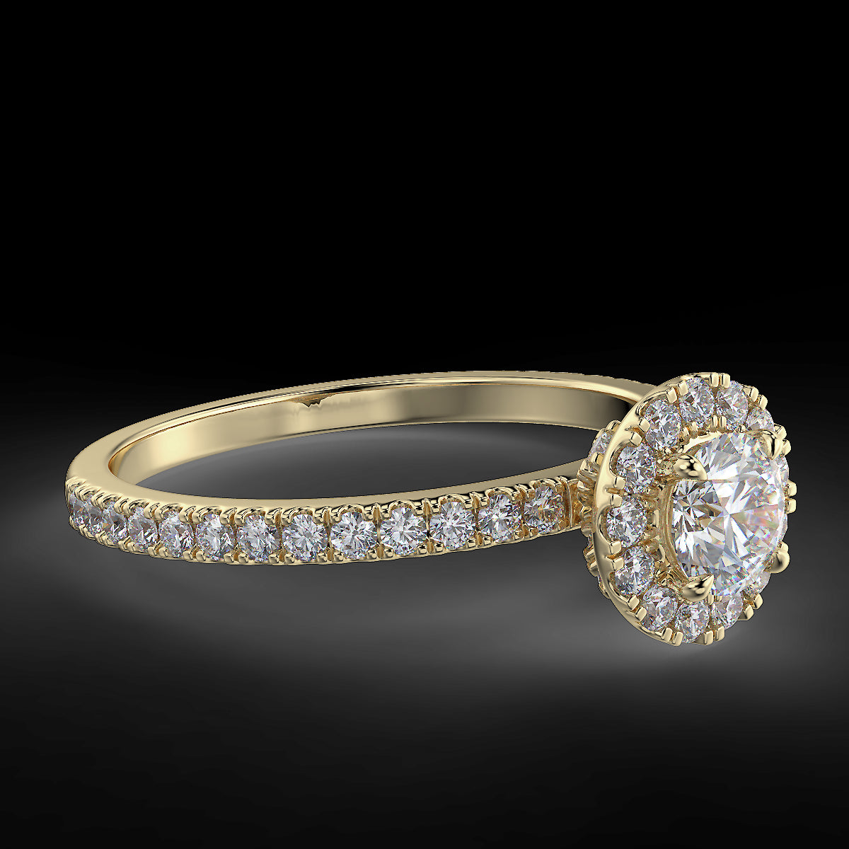 Pierścionek z diamentami o masie 0,73 ct w żółtym złocie w stylu halo - widok z boku pod kątem