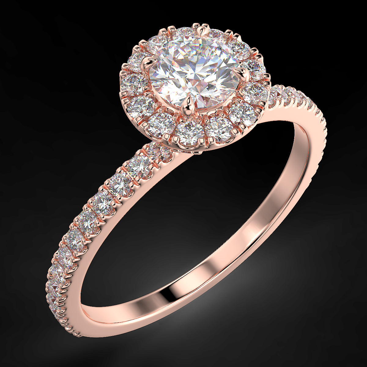 Pierścionek zaręczynowy z różowego złota z diamentami o masie 0,73 ct - widok z góry pod kątem