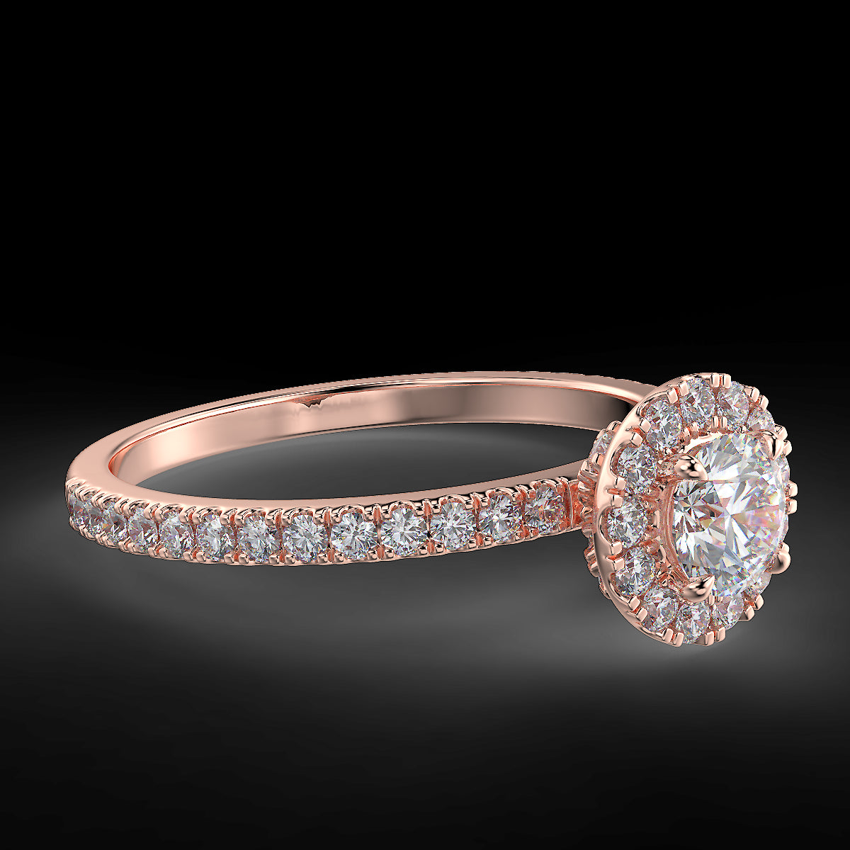 Pierścionek zaręczynowy z różowego złota z diamentami o masie 0,73 ct - widok z boku pod kątem