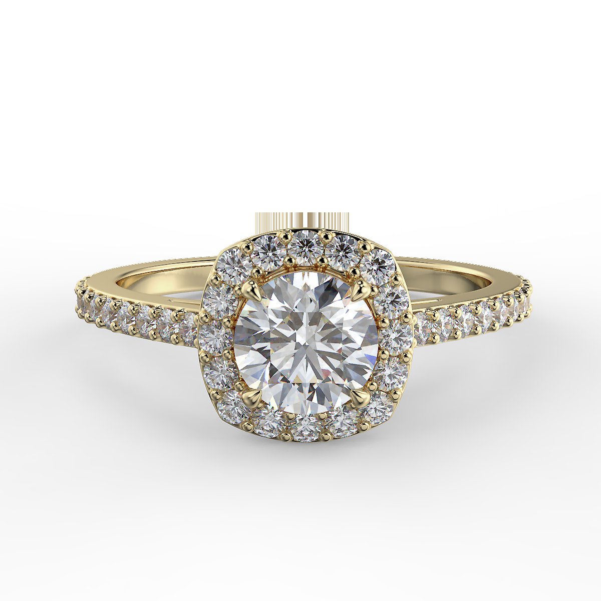 Pierścionek z diamentami o masie 0,83 ct w żółtym złocie w stylu halo - widok z góry