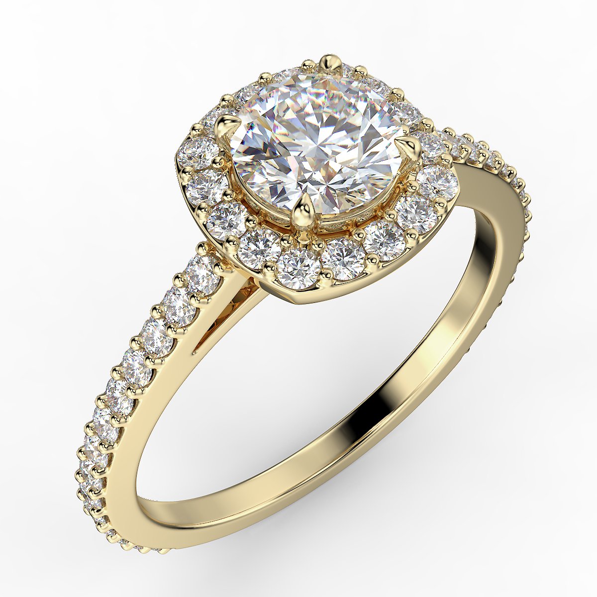 Pierścionek z diamentami o masie 0,83 ct w żółtym złocie w stylu halo - widok pod kątem