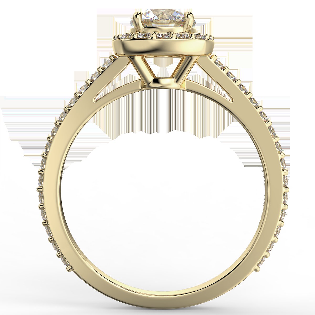 Pierścionek z diamentami o masie 0,83 ct w żółtym złocie w stylu halo - widok z boku