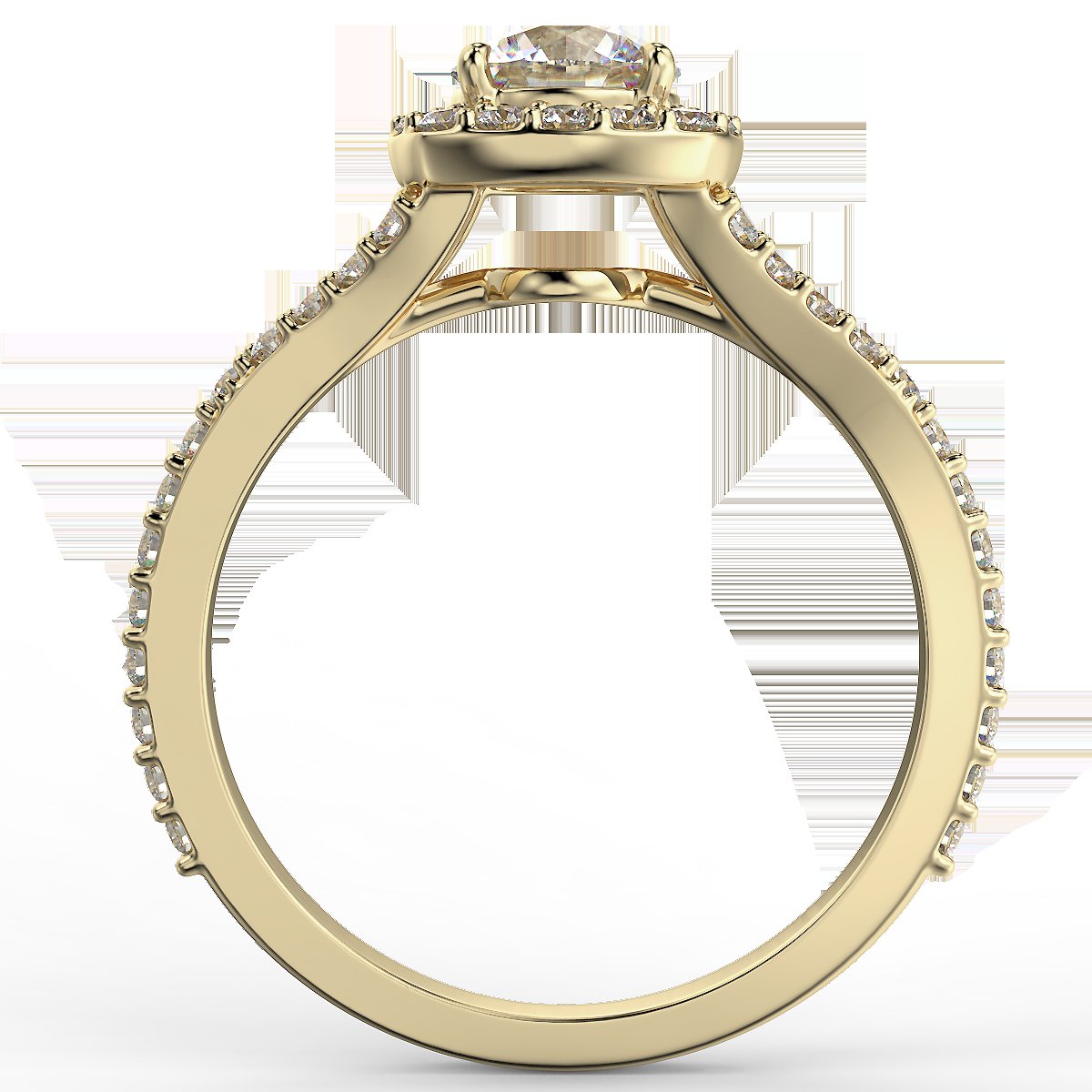 Pierścionek z diamentami o masie 0,93 ct w żółtym złocie w stylu halo - widok z boku